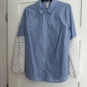 Chico's Blue and White Button Down Shirt with Embellished Sleeves